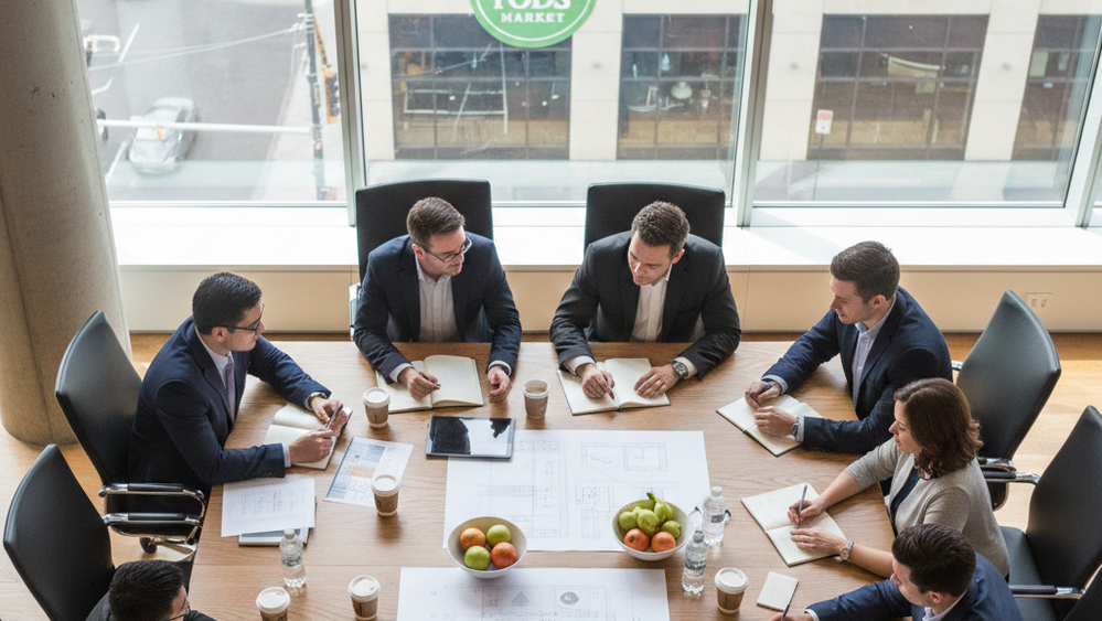 An overhead view of a diverse group of people sitting around a large wooden table in a professional setting, appearing to collaborate on important matters.