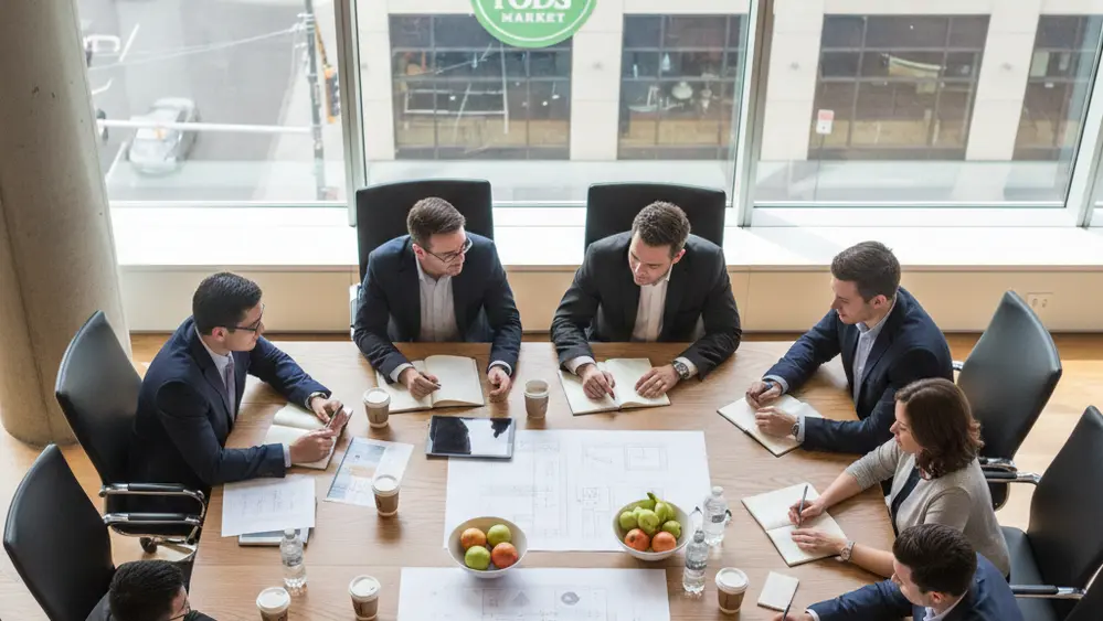 An overhead view of a diverse group of people sitting around a large wooden table in a professional setting, appearing to collaborate on important matters.