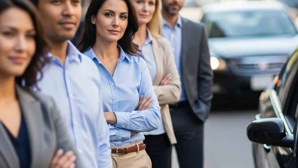 A group of diverse people waiting on a city sidewalk for rideshare vehicles, with a blurred car pulling up to the curb.