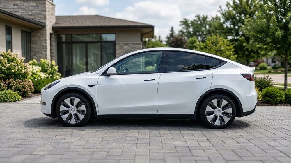 A side view of a white Tesla Model Y with its sleek door handles flush against the body, parked on a modern driveway under bright afternoon light.