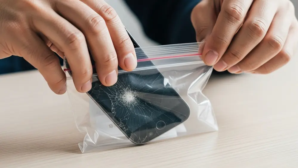 A close-up view of a person carefully placing a broken electronic device into a clear, labeled evidence bag on a clean wooden table.