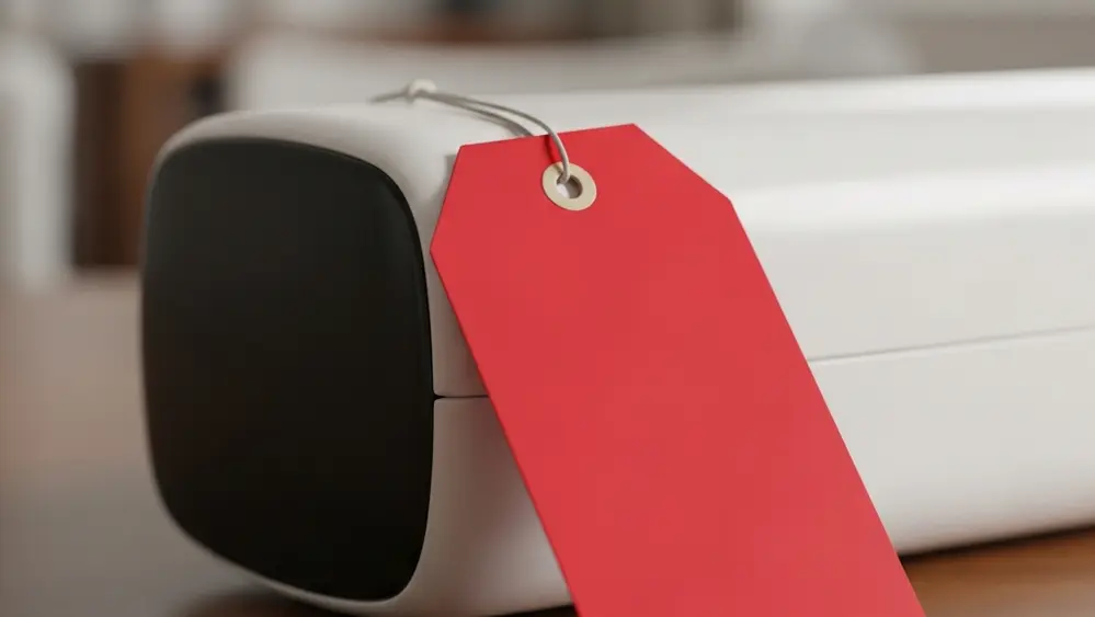 A close-up of a consumer product with a red warning tag attached, sitting on a wooden table with blurred household background.