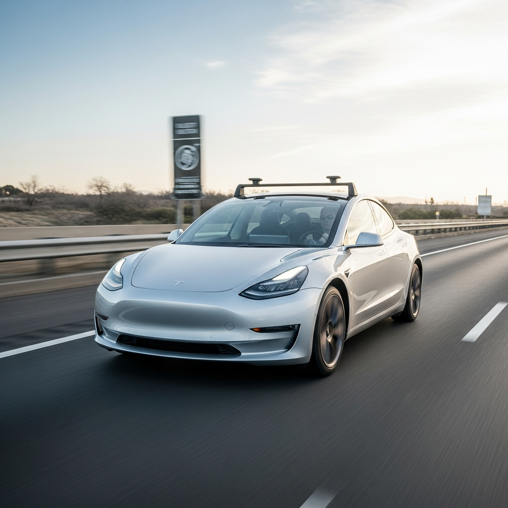 A sleek silver Tesla Model 3 equipped with visible roof sensors driving along a clean highway during the day with no other cars or signs visible.