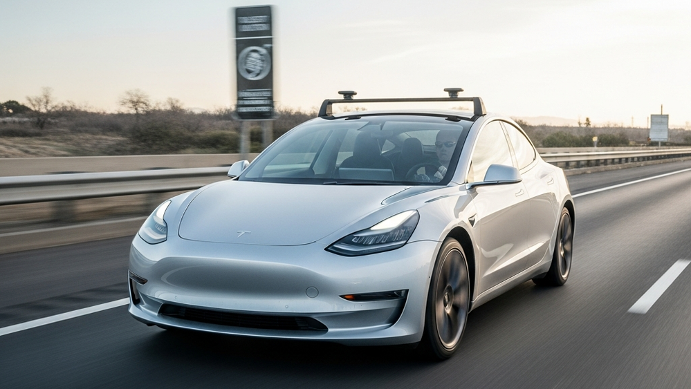 A sleek silver Tesla Model 3 equipped with visible roof sensors driving along a clean highway during the day with no other cars or signs visible.
