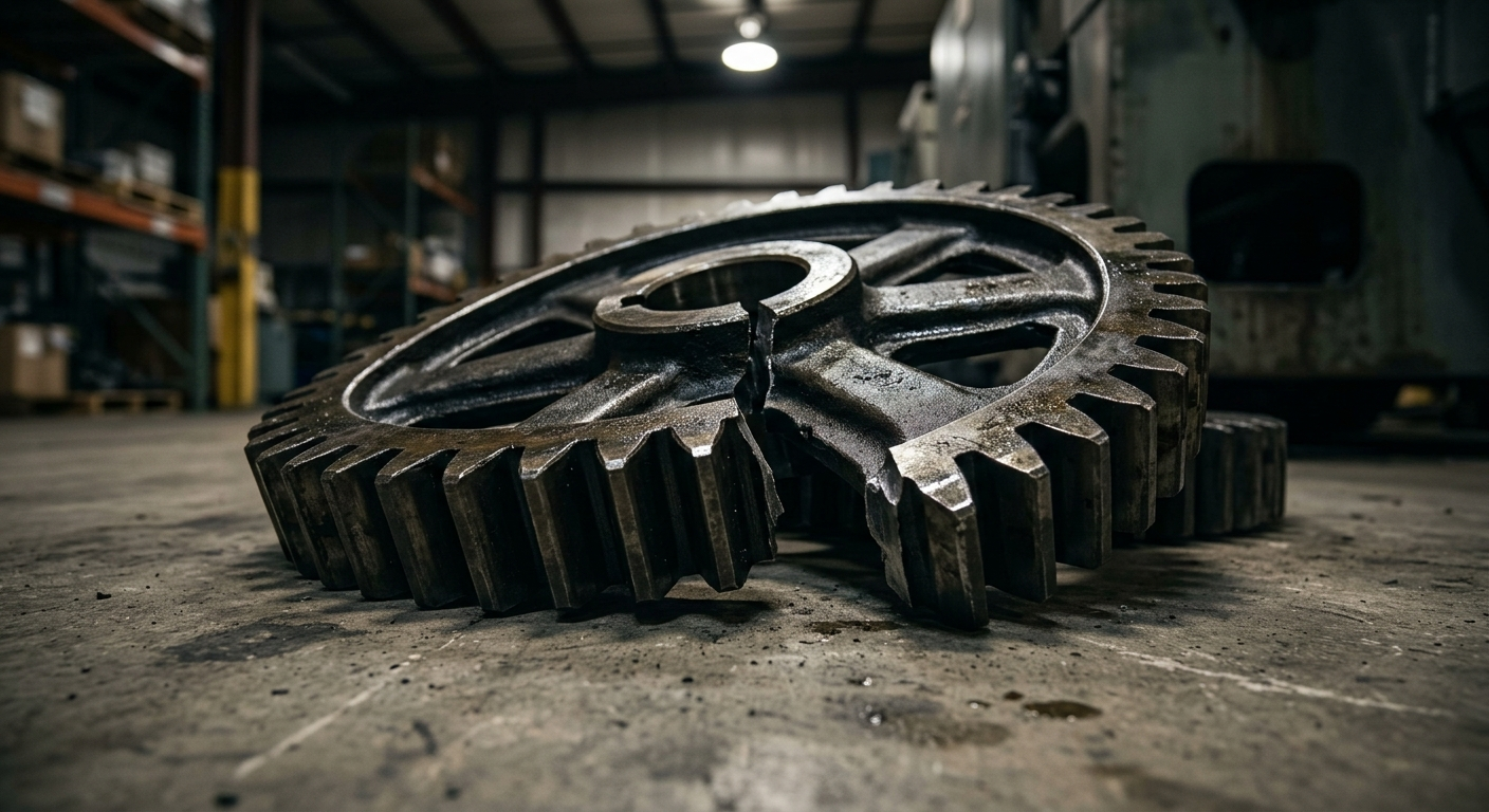 A close up of a shiny metal gear from an industrial machine lying broken on a concrete floor in a dimly lit warehouse