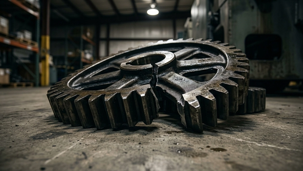 A close up of a shiny metal gear from an industrial machine lying broken on a concrete floor in a dimly lit warehouse
