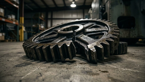 A close up of a shiny metal gear from an industrial machine lying broken on a concrete floor in a dimly lit warehouse