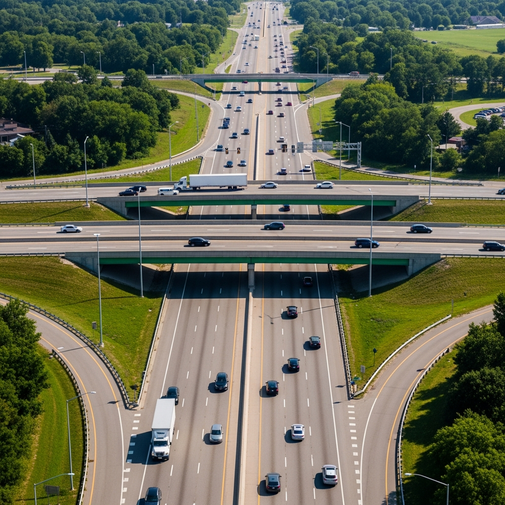 An aerial view of a busy Michigan highway interchange with modern vehicles traveling safely between green landscapes.