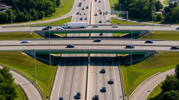 An aerial view of a busy Michigan highway interchange with modern vehicles traveling safely between green landscapes.