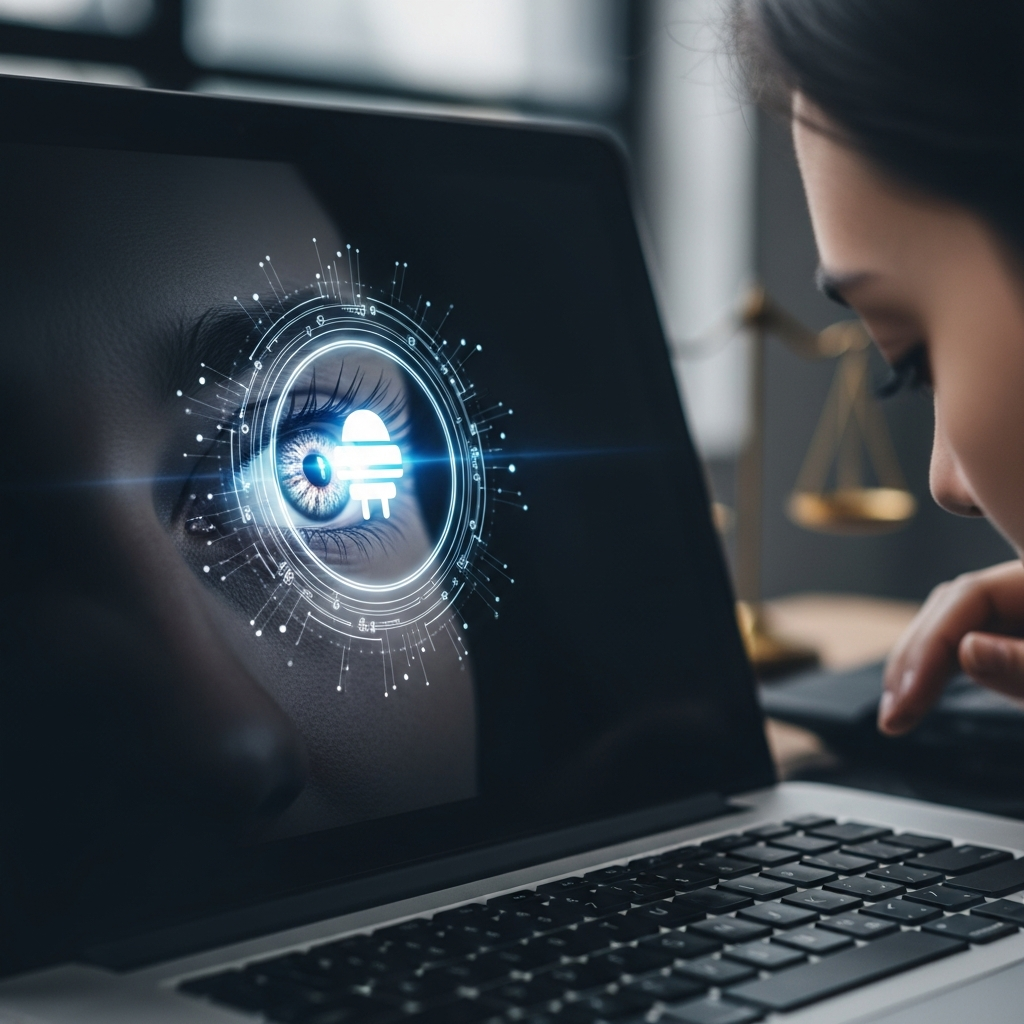 A close-up of a laptop screen displaying a glowing artificial intelligence icon reflecting in a person's eye in a dark office environment.