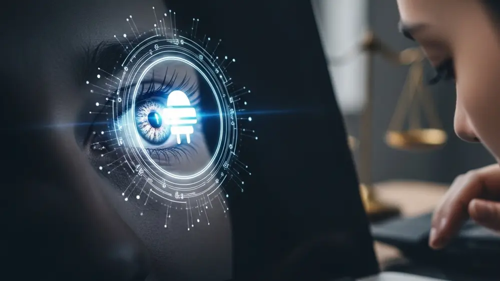 A close-up of a laptop screen displaying a glowing artificial intelligence icon reflecting in a person's eye in a dark office environment.