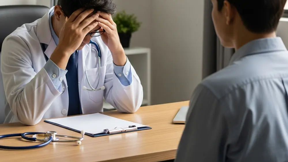 A doctor in a white coat sitting at a wooden desk, holding their head in their hands with a stethoscope nearby, while a patient sits across from them in a softly lit, modern medical office.