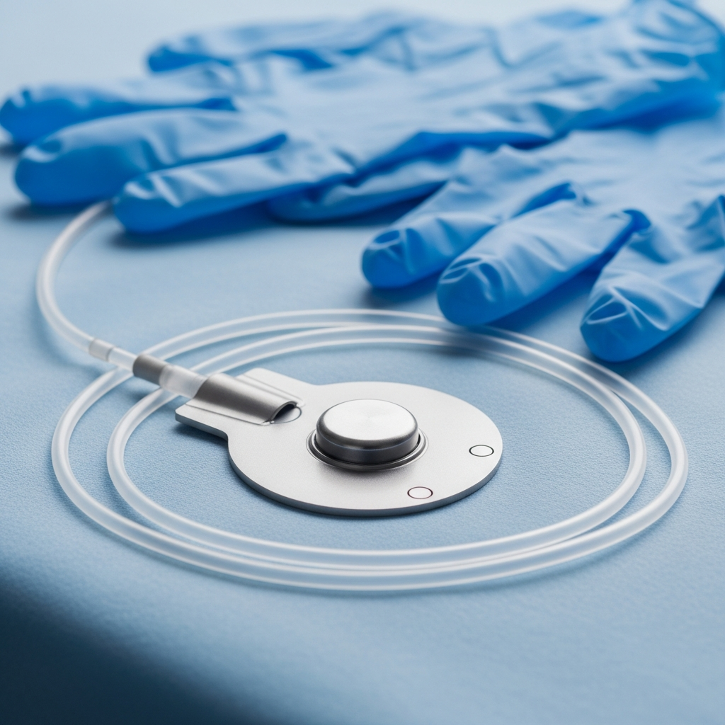 A close-up of a medical port device on a sterile surface next to a pair of surgical gloves.