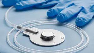 A close-up of a medical port device on a sterile surface next to a pair of surgical gloves.