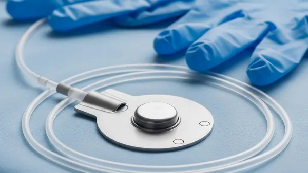 A close-up of a medical port device on a sterile surface next to a pair of surgical gloves.