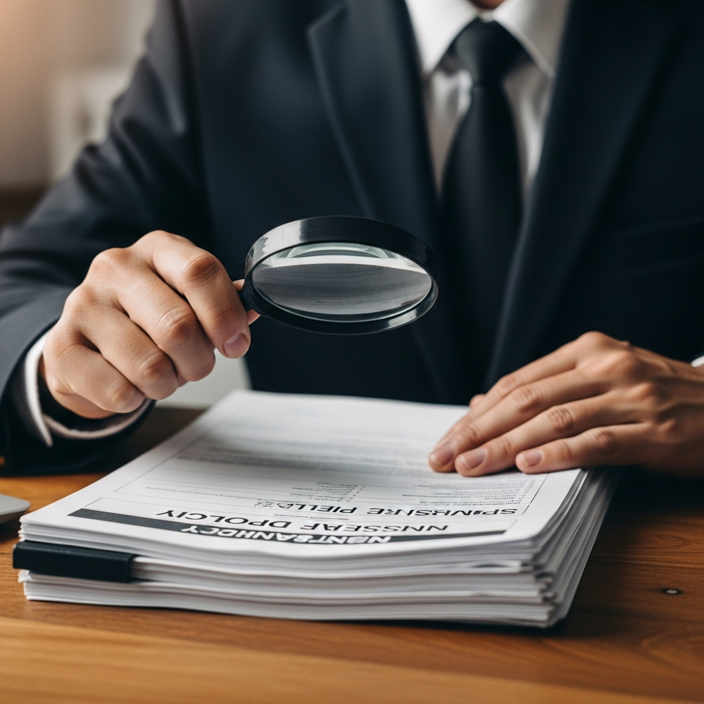 A close-up of a person's hands holding a magnifying glass over a thick stack of insurance policy papers on a wooden desk.