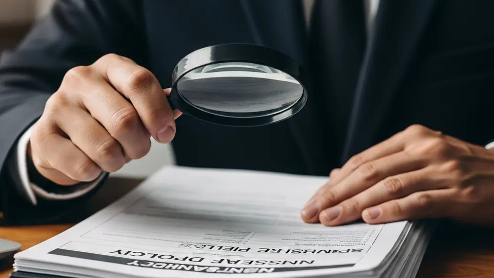 A close-up of a person's hands holding a magnifying glass over a thick stack of insurance policy papers on a wooden desk.