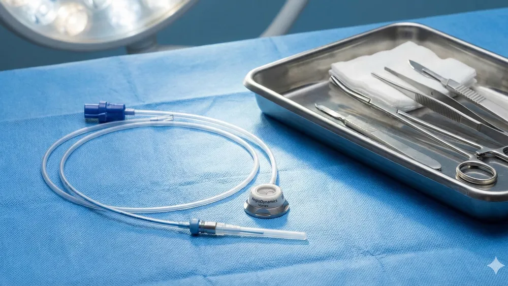A medical port catheter device shown next to surgical tools on a sterile background.