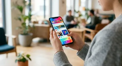A close-up of a smartphone displaying a social media application with a colorful interface, held by a young person in a brightly lit indoor setting.