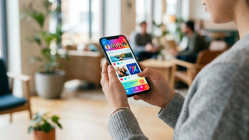 A close-up of a smartphone displaying a social media application with a colorful interface, held by a young person in a brightly lit indoor setting.