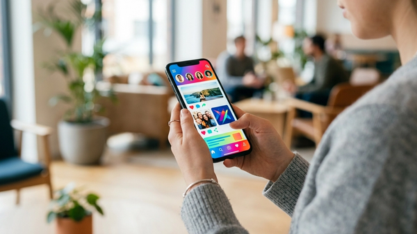 A close-up of a smartphone displaying a social media application with a colorful interface, held by a young person in a brightly lit indoor setting.