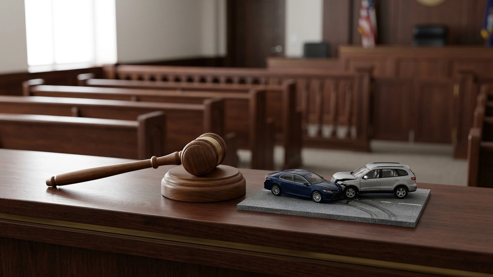 A gavel sitting on a wooden courtroom bench next to a model of a car collision to represent the legal determination of fault in an injury case.