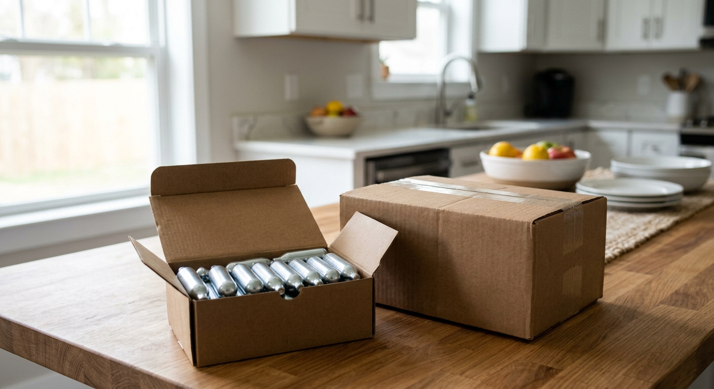 A box containing several small silver nitrous oxide canisters sitting on a wooden surface next to a delivery package from a major online retailer, with the scene focusing on the canisters and a generic kitchen setting in the background.