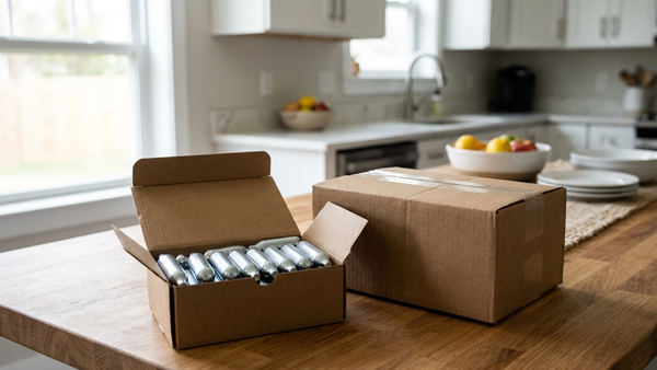 A box containing several small silver nitrous oxide canisters sitting on a wooden surface next to a delivery package from a major online retailer, with the scene focusing on the canisters and a generic kitchen setting in the background.