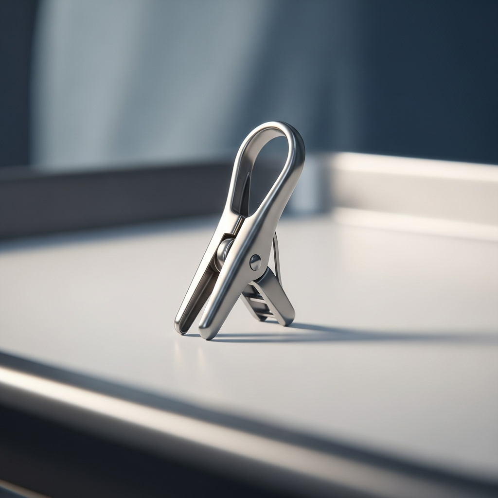 A close-up of a small, hinged titanium medical clip used for tubal ligation sitting on a sterile medical surface.