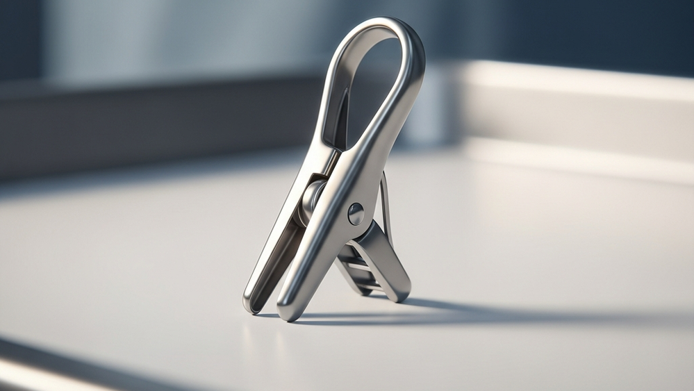 A close-up of a small, hinged titanium medical clip used for tubal ligation sitting on a sterile medical surface.
