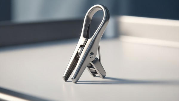 A close-up of a small, hinged titanium medical clip used for tubal ligation sitting on a sterile medical surface.