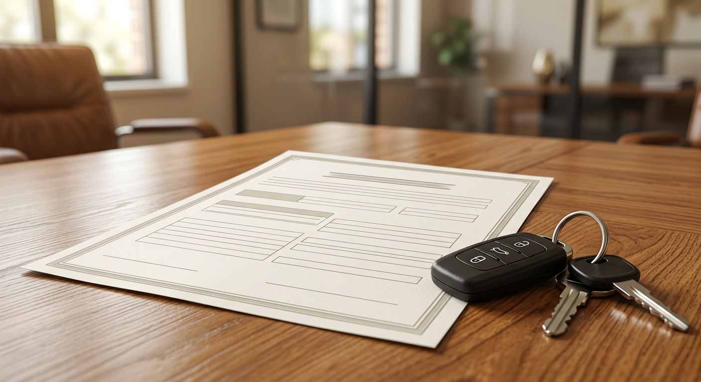 A close-up of a standard Oregon auto insurance policy document resting on a wooden desk next to a set of car keys.