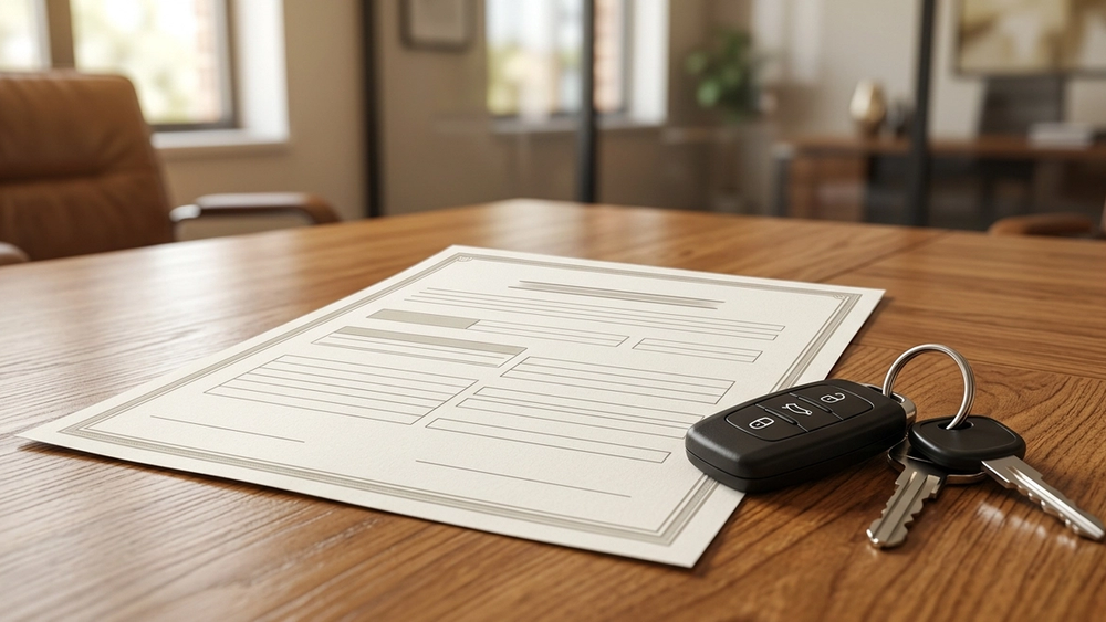 A close-up of a standard Oregon auto insurance policy document resting on a wooden desk next to a set of car keys.