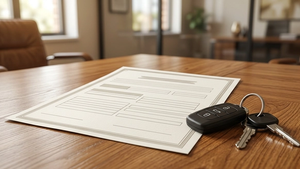 A close-up of a standard Oregon auto insurance policy document resting on a wooden desk next to a set of car keys.