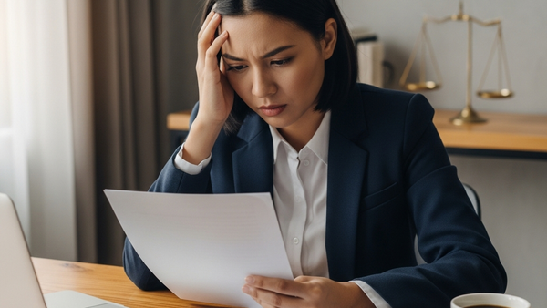 A person sitting at a wooden desk looking at a white paper document with a frustrated expression, with a laptop and a cup of coffee nearby.