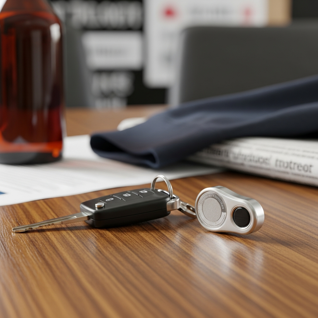 A silver, coin-shaped electronic tracking device resting on a wooden table next to a set of car keys, highlighting the product's small size.