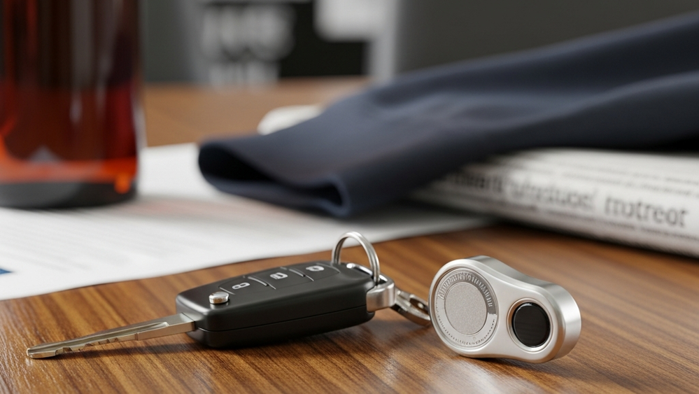 A silver, coin-shaped electronic tracking device resting on a wooden table next to a set of car keys, highlighting the product's small size.