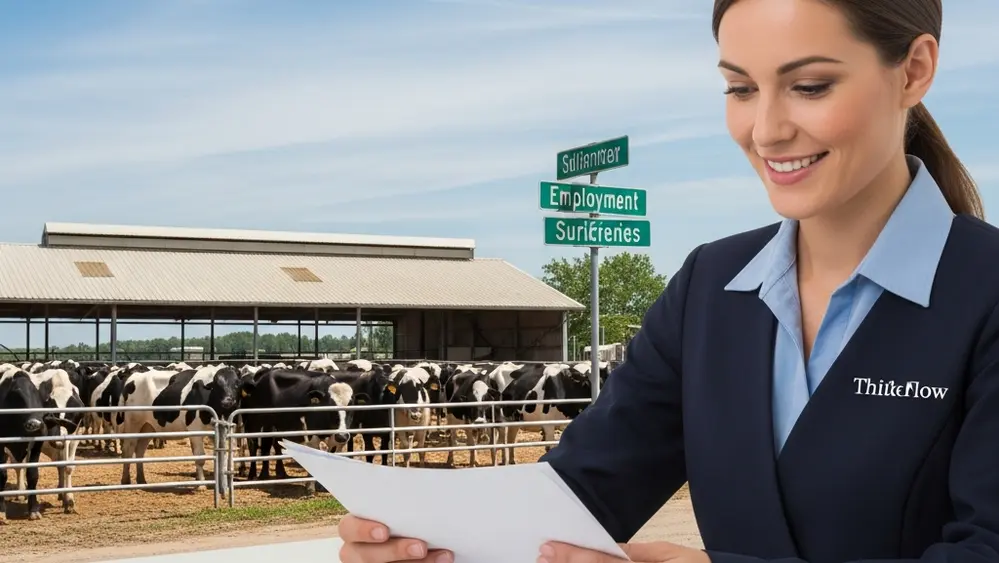 A dairy farm facility under a blue sky, representing the location of the employment law violations.