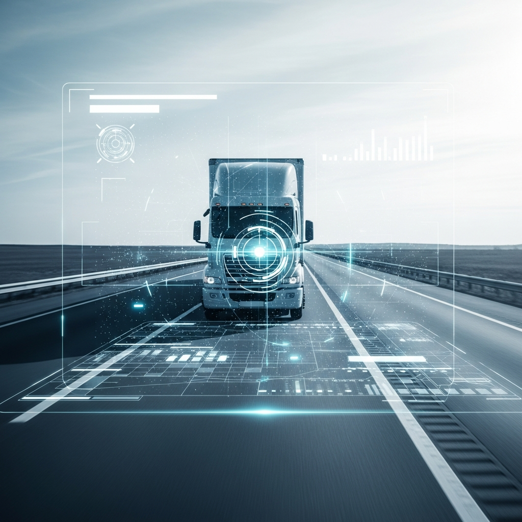 A modern semi-truck driving on a long highway with a translucent digital overlay of data points and scanning lines representing AI monitoring software.