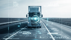 A modern semi-truck driving on a long highway with a translucent digital overlay of data points and scanning lines representing AI monitoring software.
