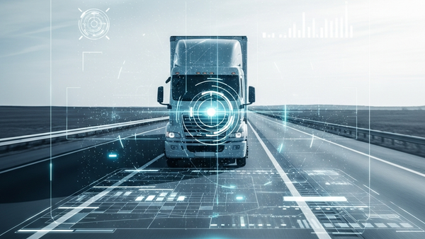 A modern semi-truck driving on a long highway with a translucent digital overlay of data points and scanning lines representing AI monitoring software.