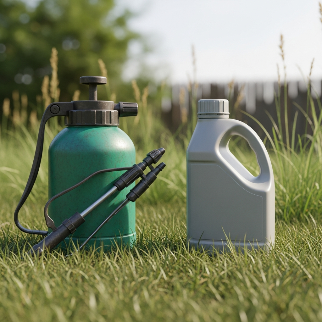 A weathered green garden sprayer sitting in tall grass next to a container of insecticide in a backyard setting.