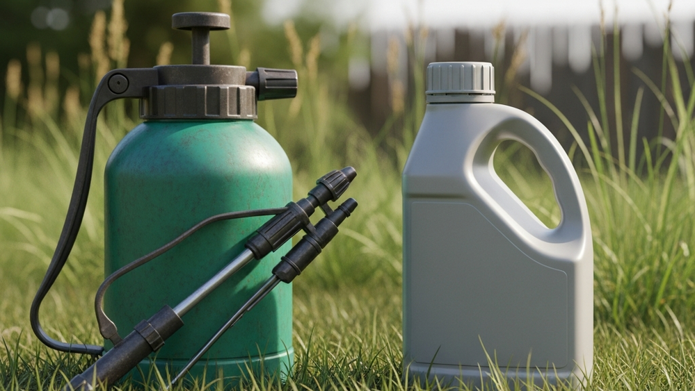 A weathered green garden sprayer sitting in tall grass next to a container of insecticide in a backyard setting.