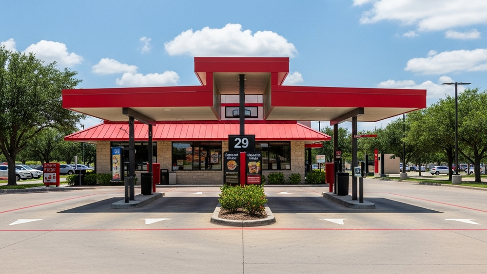 A contemporary fast-food restaurant with a distinct red-roofed architecture and a double drive-thru lane situated in a bright Austin landscape.