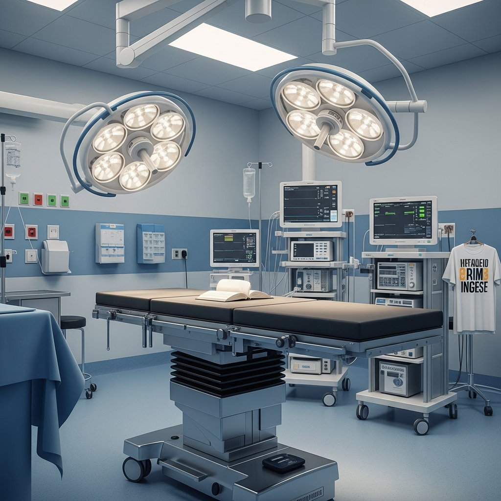 A sterile hospital operating room featuring a surgical table, overhead medical lights, and a monitoring station with blurred displays.