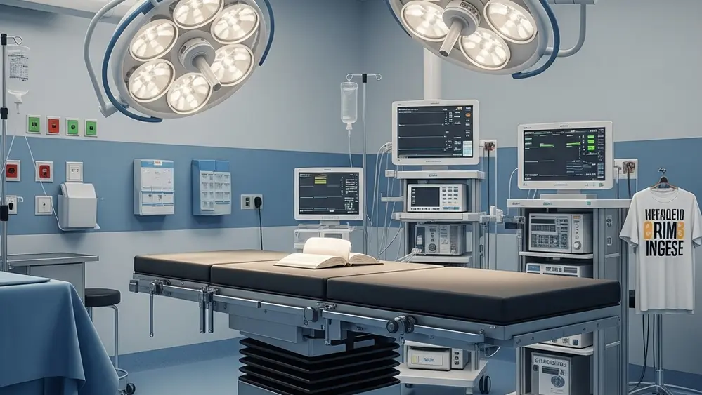 A sterile hospital operating room featuring a surgical table, overhead medical lights, and a monitoring station with blurred displays.
