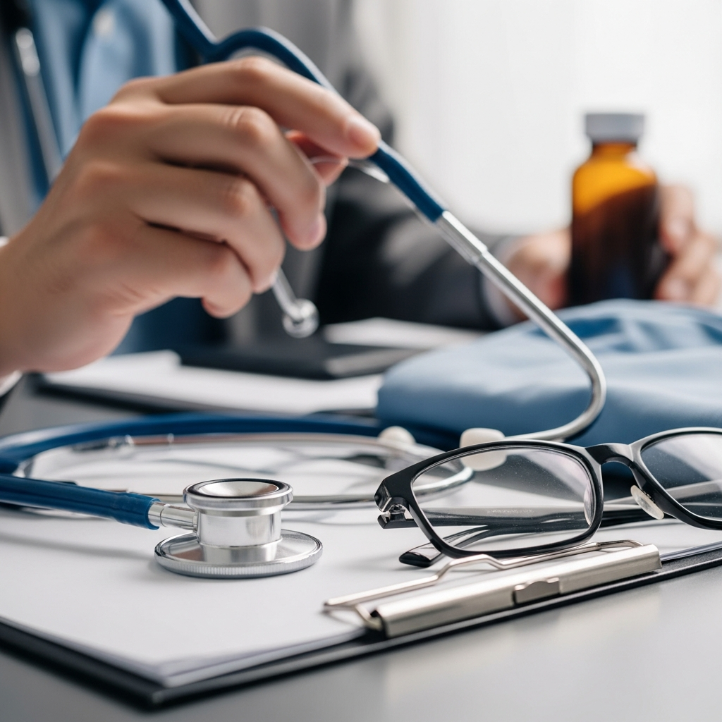 A close-up of a doctor's stethoscope resting on a desk next to a blurred-out medical folder and a pair of eyeglasses in a professional setting.