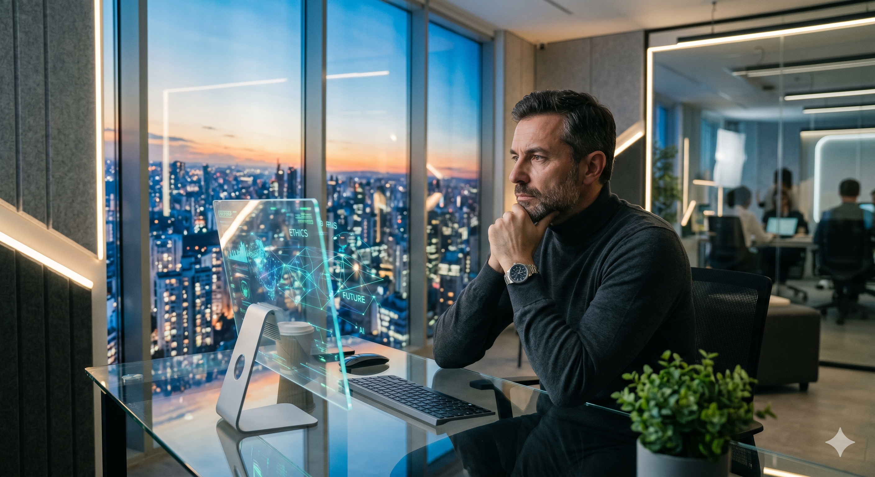 A person sitting pensively in a modern, high-tech office with large glass windows overlooking a city, reflecting on the ethics of advanced technology.