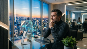 A person sitting pensively in a modern, high-tech office with large glass windows overlooking a city, reflecting on the ethics of advanced technology.