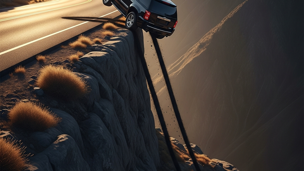 An SUV teetering on a steep mountainous roadside with deep tire tracks leading off the highway shoulder toward a canyon.